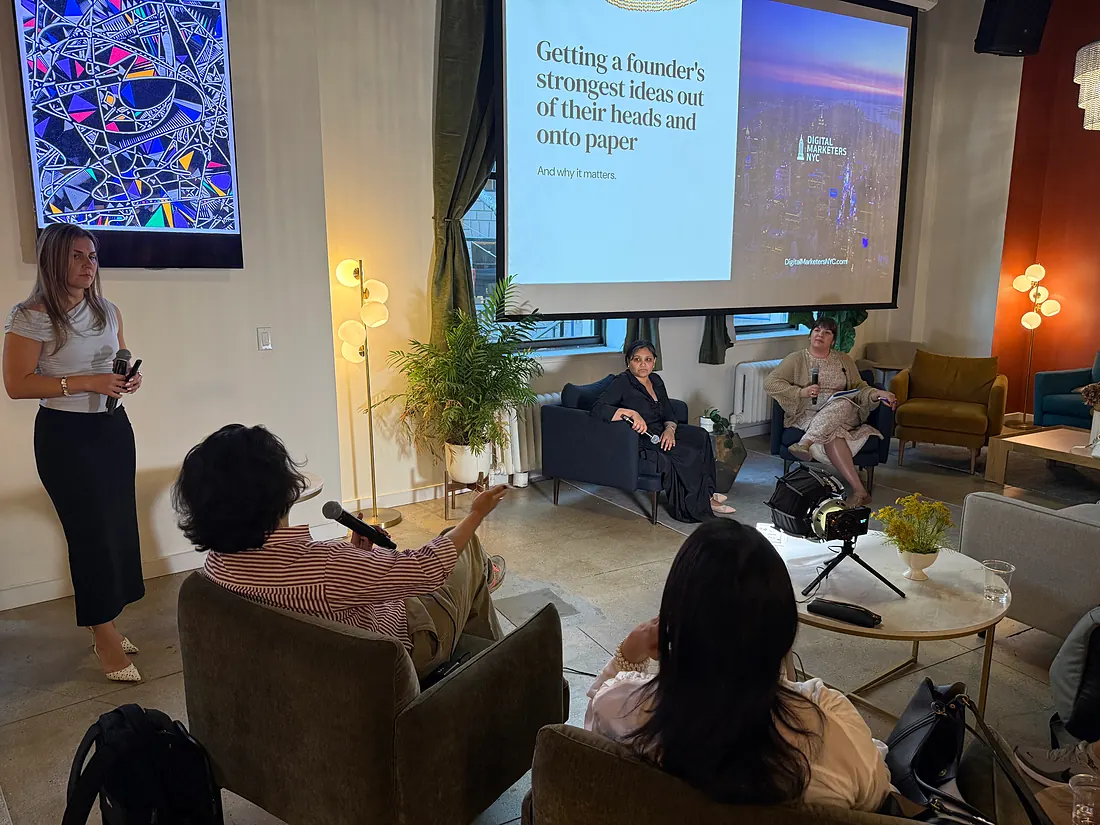 A speaker presents “Getting a founder’s strongest ideas out of their heads and onto paper”